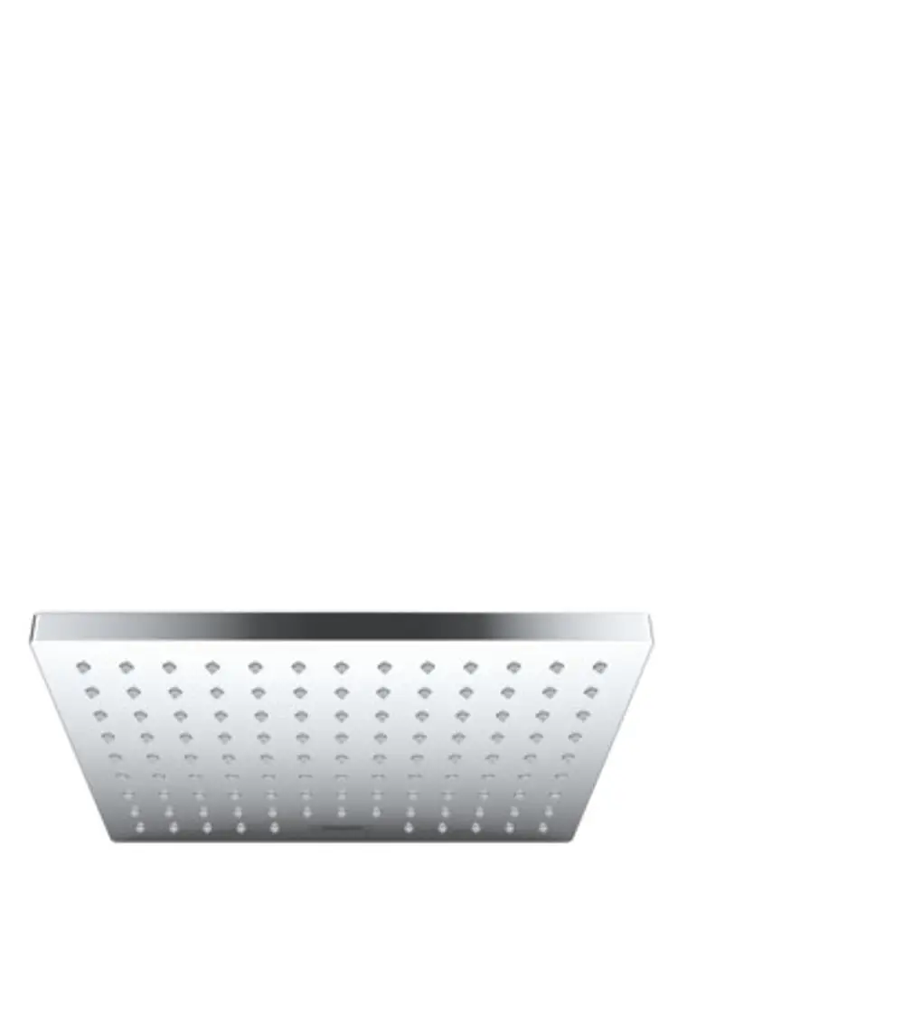 Eckige, flache Kopfbrause mit chromfarbener Oberfläche und gleichmäßig verteilten Wasseröffnungen, gefertigt von Hansgrohe.